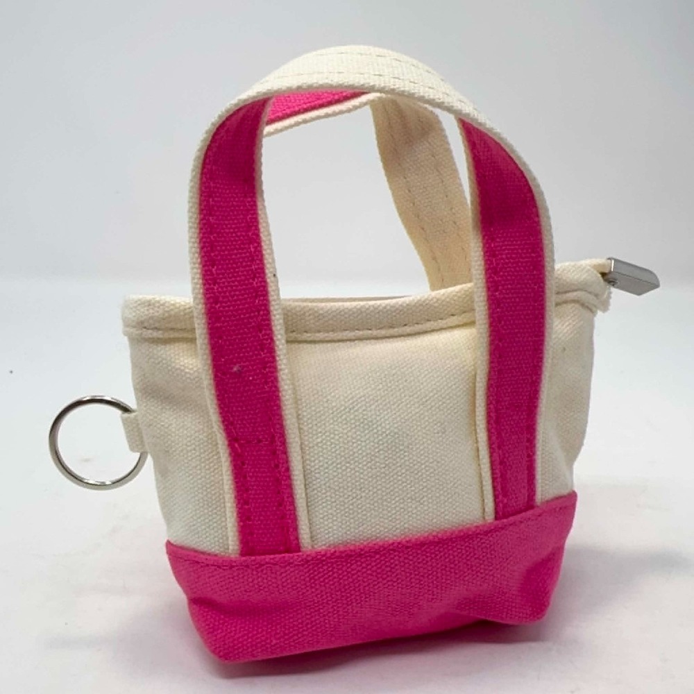 Mini Canvas Boat Tote Coin Purse Pink White Zipper Keychain Pouch Preppy Bean